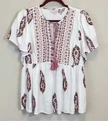 Knox Rose Flutter Sleeve Paisley Print Popover Babydoll Top White Size L