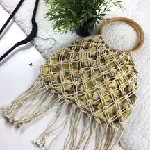 Vintage Macrame Pineapple Print Fringe Beaded Boho Handle Bag