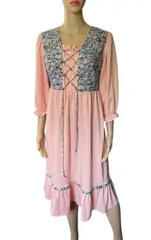 Vintage 70s Peach Prairie Cottagecore Witchy Boho Floral Corset Vest Midi Dress