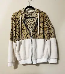 Leopard and White Sherpa Fur Zip Up Hoodie Jacket