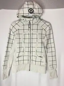 White Grey Grid Classic Soft Cotton Fleece Scuba Hoodie Jacket Size 4