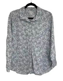 Garnet Hill Button Front Shirt Womens 12 Blue Floral Organic Cotton Feminine
