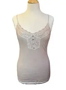NWT POL SOPHIA LACE TRIM TANK TOP CAMI TAN BOHO HIPPIE BASIC LACE SHELL BUTTONS