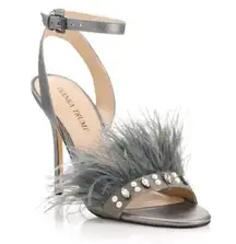 Ivanka Trump KASIE Pewter Multy Suede Jeweled Ostrich Feather High Heels Size 8M