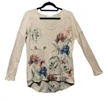 Ginger G Floral Watercolor Slub Knit Long Sleeve Top Beige M Casual Boho