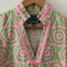 Sail to Sable 100% Linen V Neck Trim Embroidered Tunic Long Sleeve Pink Size XS