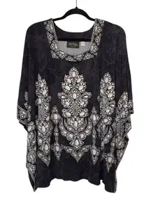 Bob Mackie Wearable Art Large Kaftan Batwing Sleeves Flowy Square Neck Tunic Top