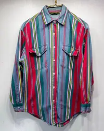 Vintage 80s 90s Espirit Striped Multicolor Denim Oxford Shirt Button Down Medium