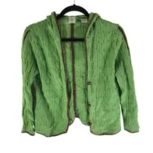 Monogram HWR Anthropologie Green Hooded Cardigan Sweater Cotton Lambswool Trim M