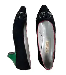 Gucci Suede Black Red Green Embellished Kitten Heels Sz 4