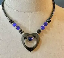 Hematite heart necklace with blue cats eye  beads