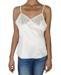 1990s Vanity Fair White Satin Slip Cami Lace Trim Vintage Lingerie Boudoir 36