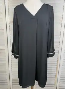 H&M Black V Neck Midi Shift Dress w White Piping Trim & Slit Tie Sleeves-6