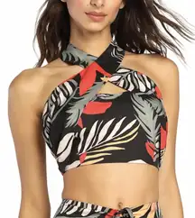 Lulus Tropical Vibes Black Tropical Print Backless Halter Crop Top NWT XS