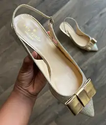 Kate Spade Golden Glitter Bow Pointed Toe Slingback Kitten Heels Size 7