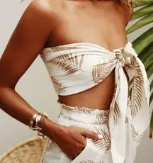 BillabongxSincerely Jules Sincerely Yours Cream Leaf Print Tie-Front Bandeau Top