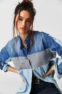 Free People Moto Colorblock Cotton Button-Up Shirt Blue Combo Size Small NWT