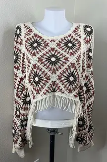 House Of Harlow 1960 Pullover Sweater Cropped Crochet Fringe Long Sleeve Sz OS