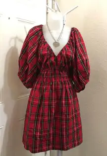 NWT 2000s Gothic Cottagecore Whimsy Lolita Shirred Corset Plaid Gingham Red Black Dress Sweetheart Babydoll V-Neck Mini Puff Sleeve #Whimsical #Granola  Can be worn on or off shoulder Size XL-Measurement in pics