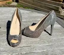 Marc Fisher Harpyly Peep Toe‎ Pumps 8 Silver Ombre Glitter Stiletto Heels