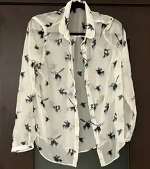 Zara silk Sheer White and Black Floral Button Down Shirt