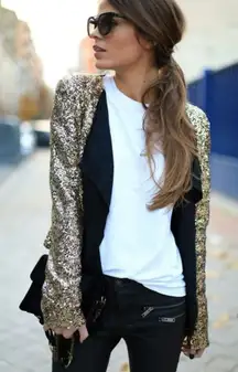 ZARA Open Front‎ Gold Sequin Black Lining Tuxedo Blazer Jacket Size Small