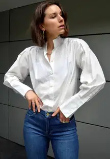 Frame White Pleated Stand Up Collar Button Up