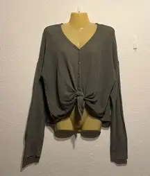 Mudd Olive Green Tie-Front Button-Down Knotted Top Sweater Size M Waffle Knit