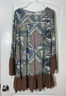 Kori America Blue Brown Paisley Peasant Ruffled Shift Dress, Small NWT