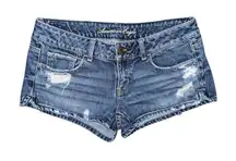Y2K American Eagle Low Rise Micro Mini Booty Denim Jean Shorts Distressed Size 4