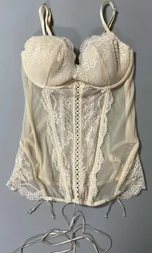 Victoria's Secret  Cream Off-White Floral Lace Sheer Mesh Tie-Up Bra Bustier Corset Top Bralette Brassiere Lingerie Size 36B ✨