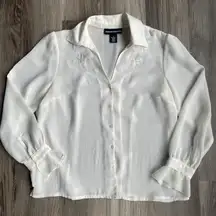 Vintage Norton Mcnaughton Cream Long Sleeve Button Up Blouse Embroidered Sheer 8