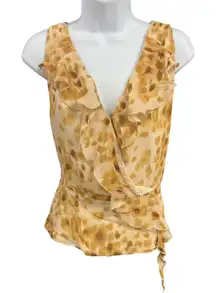 Jones Wear Ruffle Silk Blouse Womens Sleeveless Brown Print Top Size‎ 14