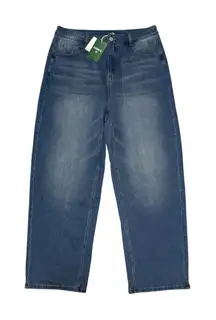 Halara Flex High Waisted Barrel Leg Jeans Blue Denim Pockets Size Large NWT
