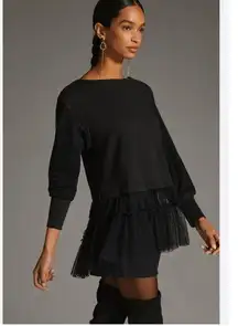 Anthropologie Black Tulle Hem Sweatshirt Tunic Small