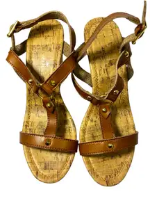 Montego Bay Club Women’s Corked Wedge Brown T-Strap Sandal Heels Size 7.5