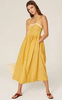 The GREAT. Dress Women 0 Yellow Stripe The Laurel Midi Bohemian Peasant MSRP$425