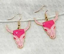 Pink Bull Skull Dangle Earrings, Bull Skull Earrings, Animal Skull Dangle Hoops