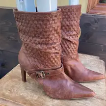 RSVP Heeled Boots brown woven leather western pointy buckles slouchy size 10