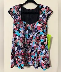 Fit 4U size 16 Kokomo cap sleeve swim top lined black floral print slimming NWT