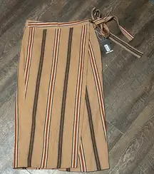 NEW Worthington Brown Linen Striped Wrap Pencil Skirt Size 12  Side Tie Lined