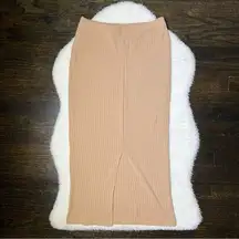 Shein Mulvari Tan Split Hem Ribbed Knit Midi Pencil Skirt