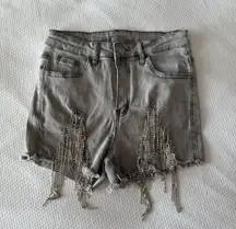 Gray Rhinestone Fringe Hem Ripped Shorts