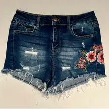 Wax Jeans Los Angeles Distressed Denim Shorts with Floral Embroidery