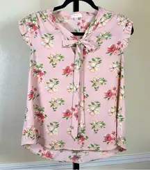 Women’s Large Lightweight Stretch Blouse Pink Floral Spring Summer Office Ruffle