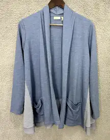 LOGO‎ Lounge Cardigan Womens XS Blue Open Front Drape Pockets Boho Layered Cozy