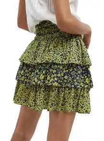 Current Air Green And Blue Floral Print Elastic Waist‎ Tiered Skirt Size Small