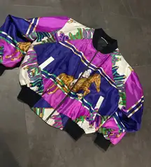 Silknotes‎ Vintage Bomber Jacket Colorful Horse Print Retro 90s Style D-12