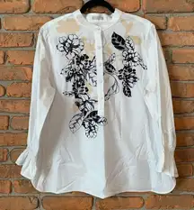 Chicos Womens 12 Top White No‎ Iron Cotton Floral Button Down Blouse Ruffle Bell