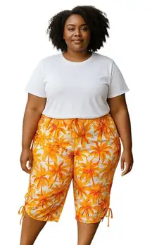 Cacique Tropical Print Ruched Crop Pajama Pants Orange Size 18/20 NWT Cozy Cute